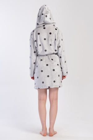 Woman Soft Polka Dot Long Sleeve Pocket Detail Hoodie Dressing Gown