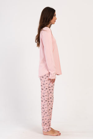 Woman Pink Interlock Buttoned O Neck Pyjama Set