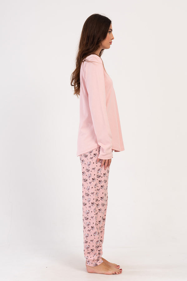 Woman Pink Interlock Buttoned O Neck Pyjama Set