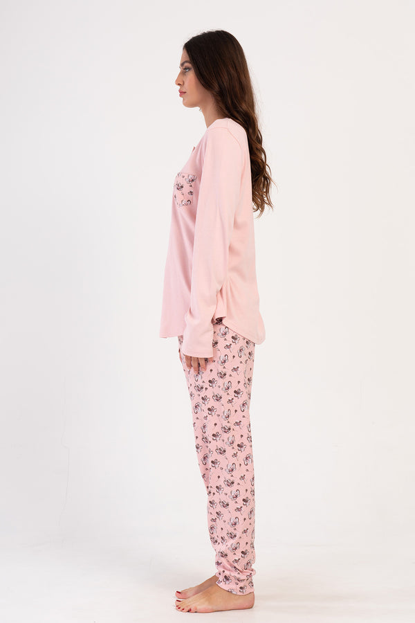 Woman Pink Interlock Buttoned O Neck Pyjama Set