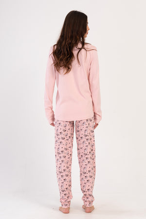 Woman Pink Interlock Buttoned O Neck Pyjama Set