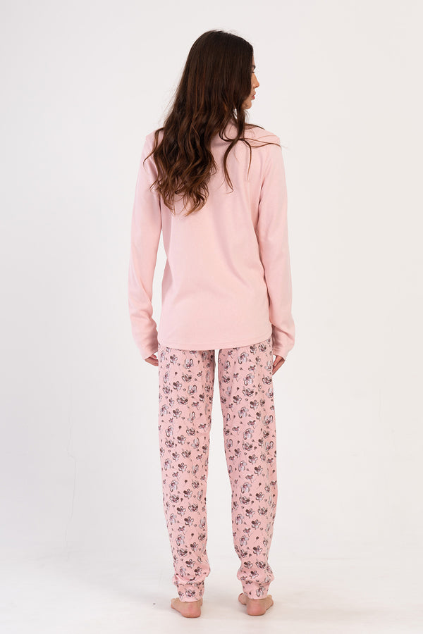 Woman Pink Interlock Buttoned O Neck Pyjama Set