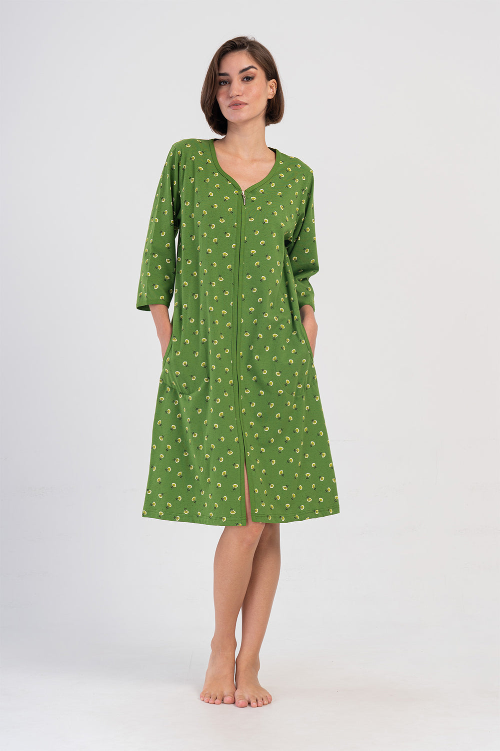 Woman Green Supreme Big Size Zipper & Pocket Detail Home Dress