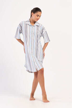 KADIN SUPREM TAMAMI DUGMELI KISA KOL GOMLEK TUNIK 405176 - Vienetta1.GrupA.MAVI