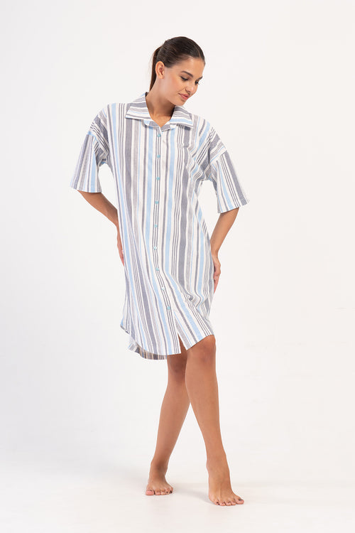 KADIN SUPREM TAMAMI DUGMELI KISA KOL GOMLEK TUNIK 405176 - Vienetta1.GrupA.MAVI