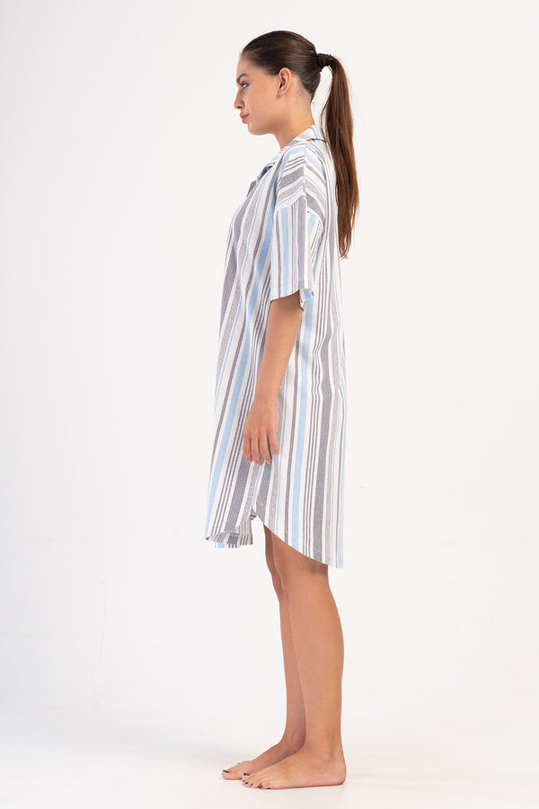 KADIN SUPREM TAMAMI DUGMELI KISA KOL GOMLEK TUNIK 405176 - Vienetta1.GrupA.MAVI