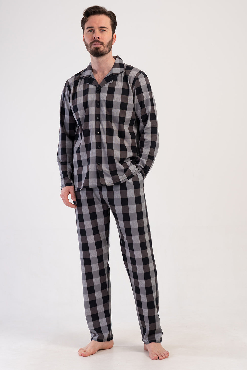 Man Supreme Buttoned Black Plaid Pyjama Set