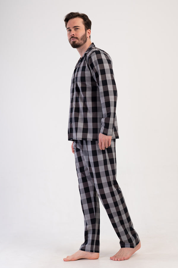 Man Supreme Buttoned Black Plaid Pyjama Set