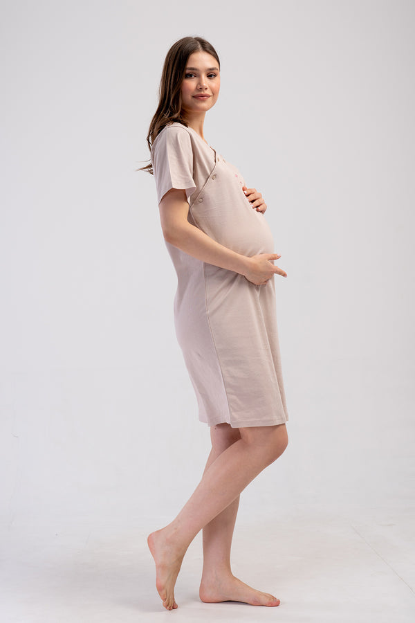 KADIN P.SUPREM CIFT PATLI KISA KOL ETEGI OVAL HAMILE TUNIK - Vienetta1.Grup6112BEJ