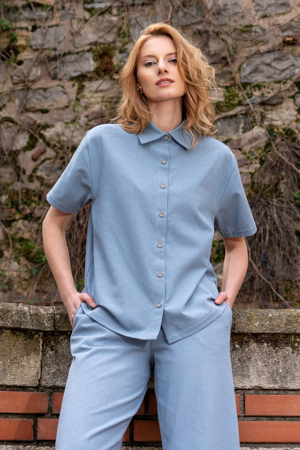 KADIN PAMUK KISA KOL GOMLEK BILEK BOY CEPLI PANTOLON TAKIM - Vienetta1.GrupTOZLU MAVI