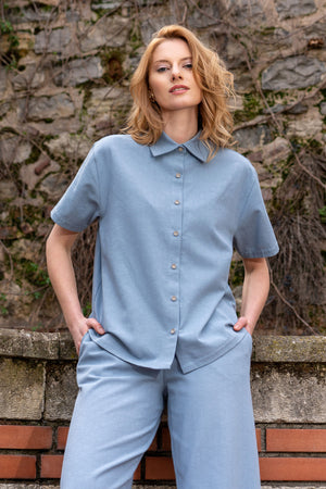 KADIN PAMUK KISA KOL GOMLEK BILEK BOY CEPLI PANTOLON TAKIM - Vienetta1.GrupTOZLU MAVI