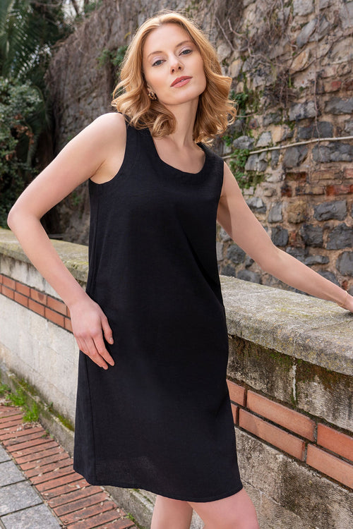 KADIN PAMUK U YAKA KOLSUZ CEPLI DIZ USTU ELBISE - Vienetta1.GrupSIYAH