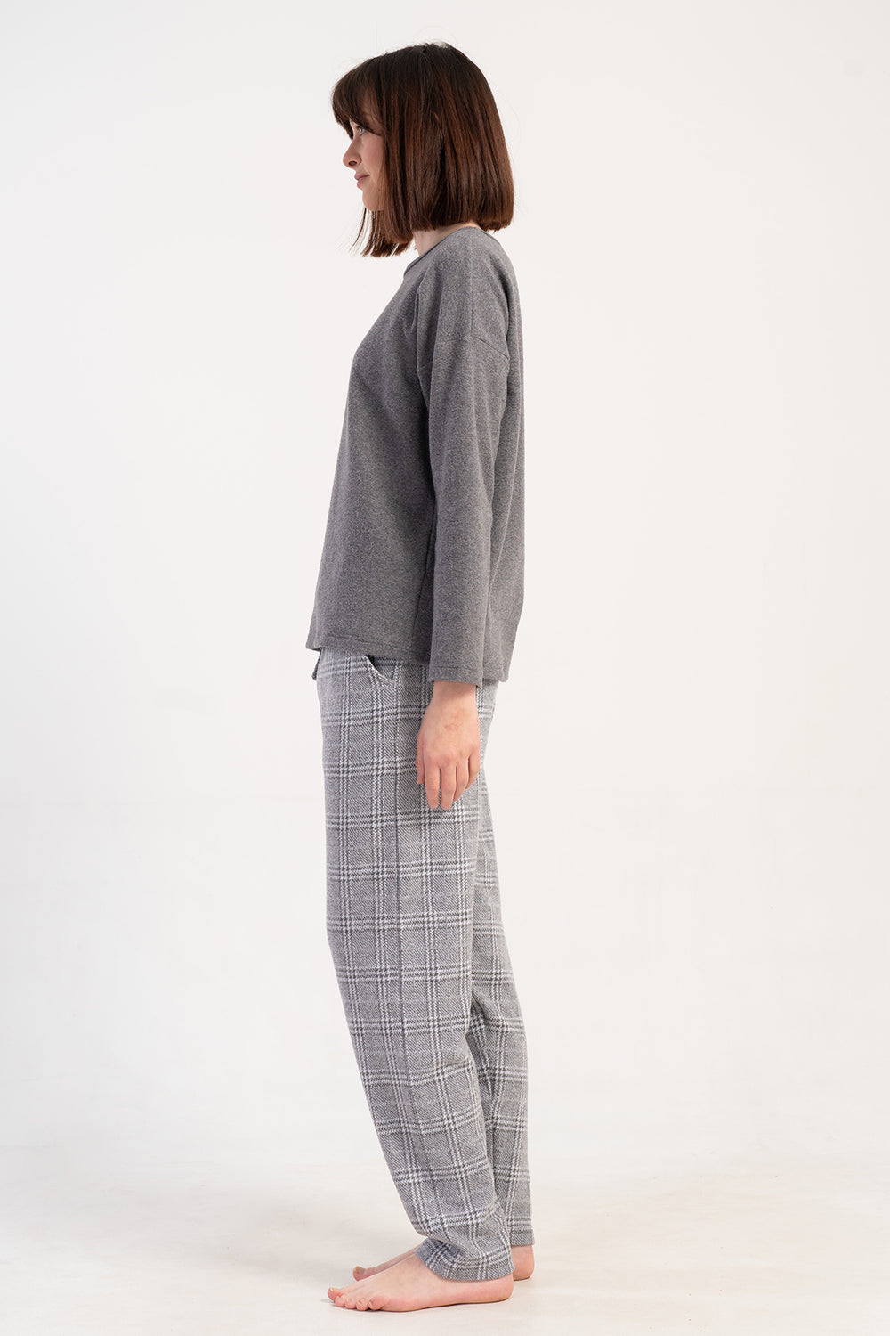 Woman Jacquard Interlock Big Size Low Shoulder Gray Pyjama Set