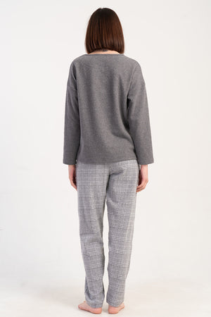Woman Jacquard Interlock Big Size Low Shoulder Gray Pyjama Set