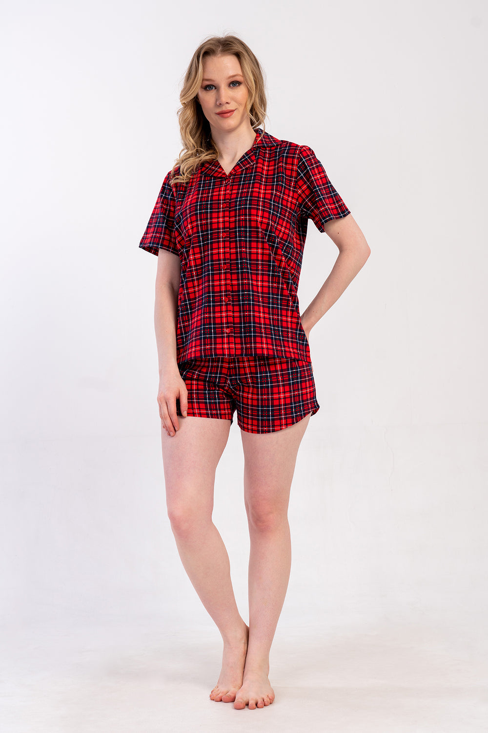 Woman Supreme Big Size Red Plaid Short Set