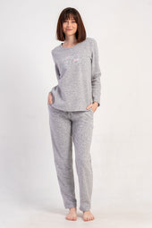 KADIN POLAR O YAKA UZUN KOL ETEGI OVAL CEPLI PIJAMA TAKIM