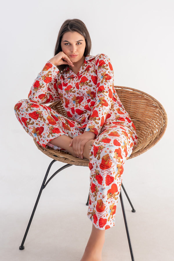 Woman Supreme Mina Shirt Collar Pyjama Set - Vienetta1.GrupKIRMIZI