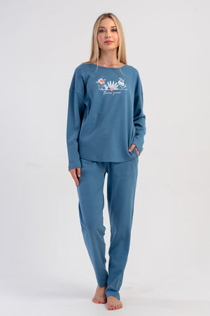 Woman Interlock Sadde Low Shoulder Pyjama Set