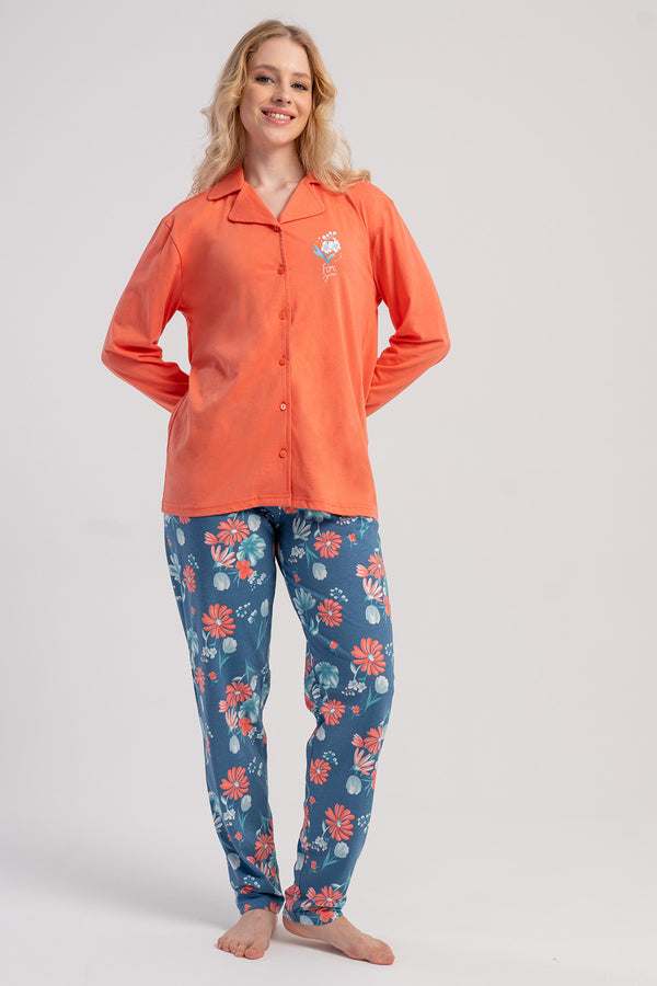 Woman Supreme Big Size Nika Shirt Collar Pyjama Set - Vienetta1.Grup4235ORANJ