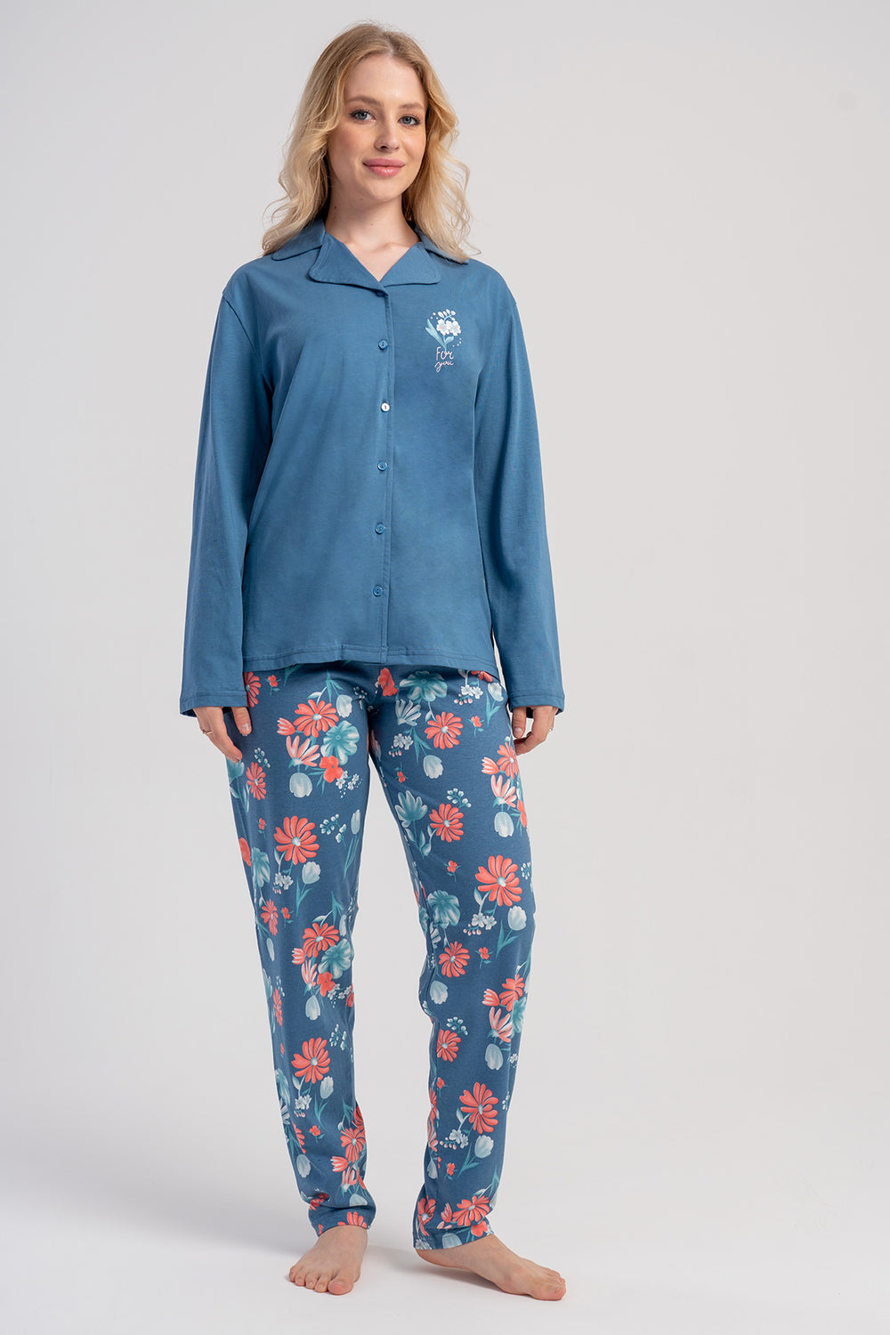 Woman Supreme Big Size Nika Shirt Collar Pyjama Set - Vienetta1.Grup4235ORANJ