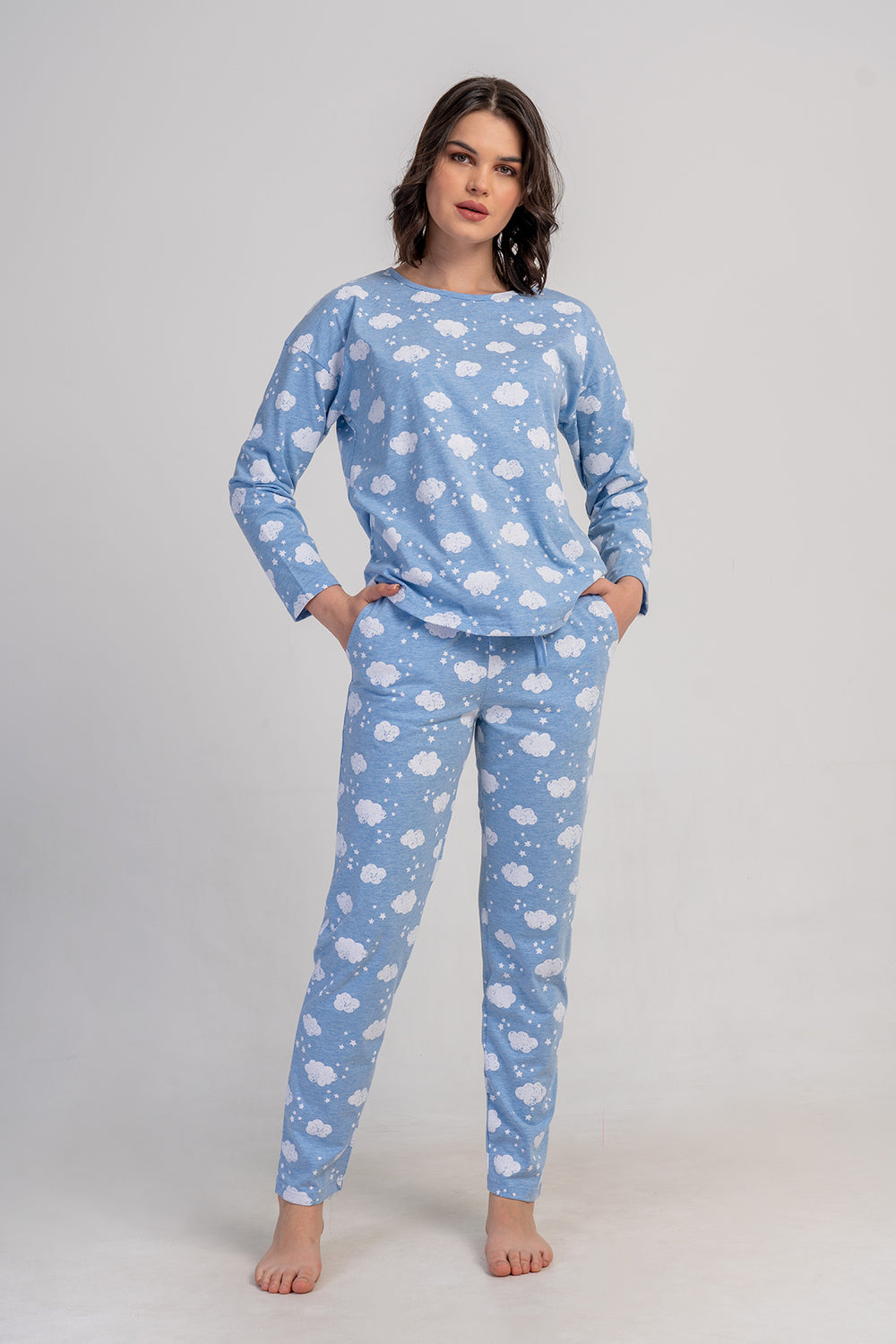 KADIN P.SUPREM O YAKA DUSUK OMUZLU UZUN KOL ETEGI OVAL CEPLI PIJAMA TAKIM