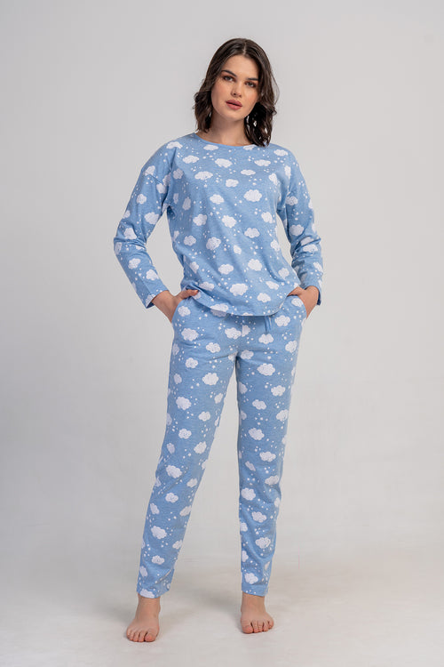 KADIN P.SUPREM O YAKA DUSUK OMUZLU UZUN KOL ETEGI OVAL CEPLI PIJAMA TAKIM