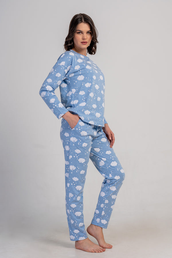 KADIN P.SUPREM O YAKA DUSUK OMUZLU UZUN KOL ETEGI OVAL CEPLI PIJAMA TAKIM