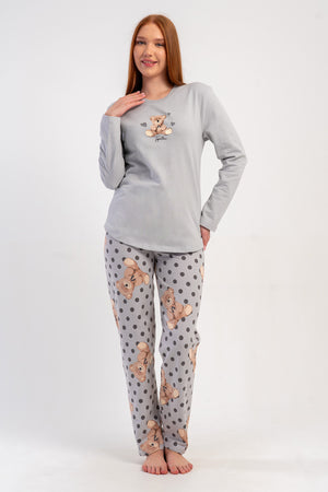 KADIN 2IPLIK O YAKA UZUN KOL ETEGI OVAL PIJAMA TAKIM