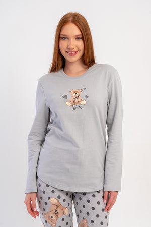 KADIN 2IPLIK O YAKA UZUN KOL ETEGI OVAL PIJAMA TAKIM