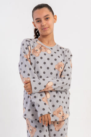 KIZ COCUK 2IPLIK O YAKA UZUN KOL ETEGI OVAL PIJAMA TAKIM(7-8/13-14)