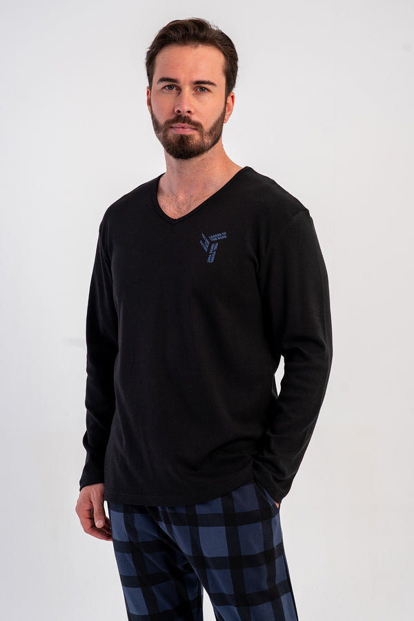 CEPLI ERKEK INTERLOK V YAKA UZUN KOL PIJAMA TAKIM