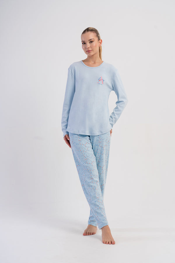 KADIN INTERLOK O YAKA UZUN KOL ETEGI OVAL PIJAMA TAKIM - Vienetta1.GrupA.MAVI