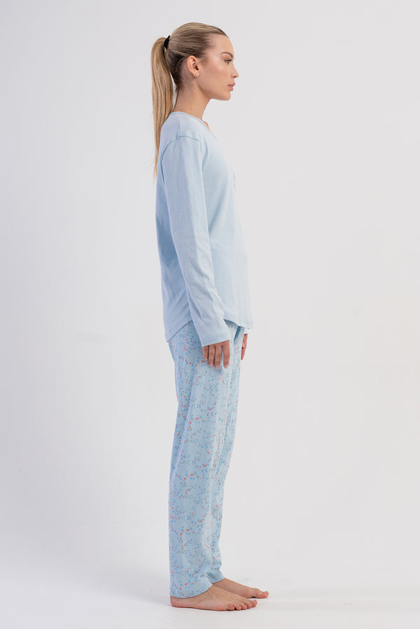 KADIN INTERLOK O YAKA UZUN KOL ETEGI OVAL PIJAMA TAKIM - Vienetta1.GrupA.MAVI