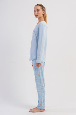 KADIN INTERLOK O YAKA UZUN KOL ETEGI OVAL PIJAMA TAKIM - Vienetta1.GrupA.MAVI