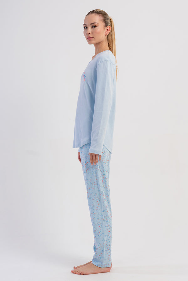 KADIN INTERLOK O YAKA UZUN KOL ETEGI OVAL PIJAMA TAKIM - Vienetta1.GrupA.MAVI