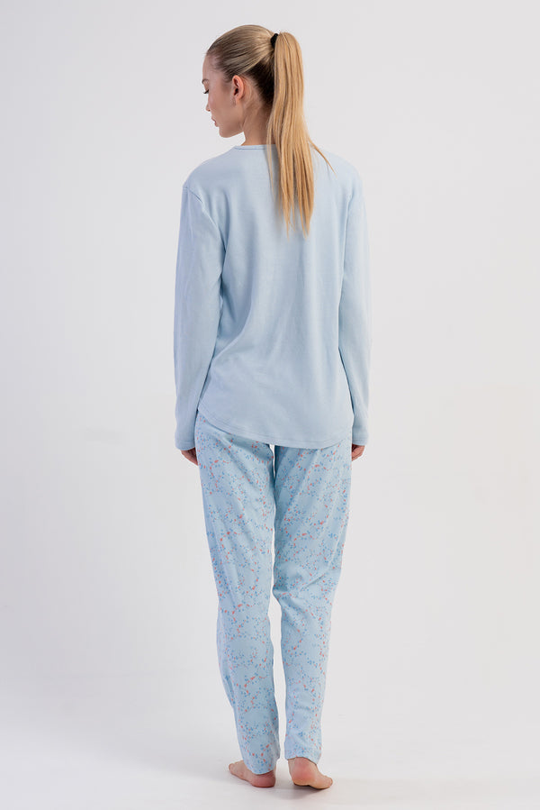 KADIN INTERLOK O YAKA UZUN KOL ETEGI OVAL PIJAMA TAKIM - Vienetta1.GrupA.MAVI