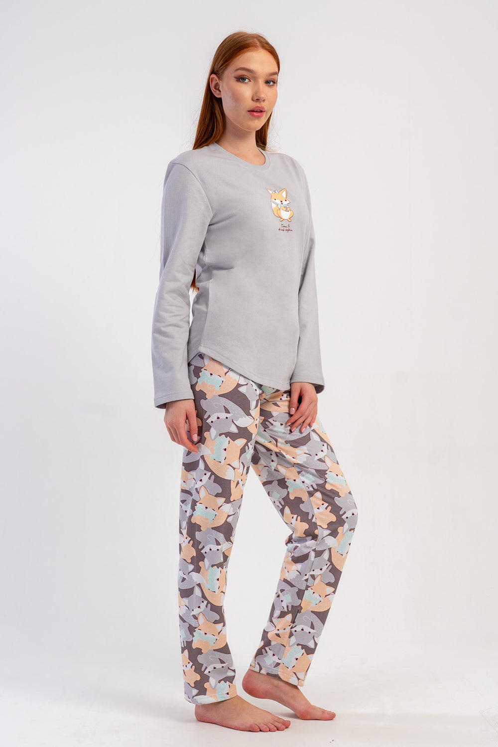 KADIN 2IPLIK O YAKA UZUN KOL ETEGI OVAL PIJAMA TAKIM