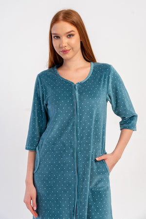 KADIN PAMUK KADIFE 3/4 KOL CEPLI FERMUARLI EV ELBİSESİ