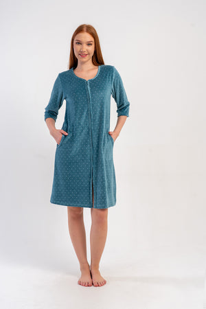 KADIN PAMUK KADIFE 3/4 KOL CEPLI FERMUARLI EV ELBİSESİ