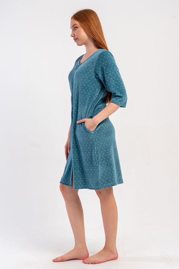 KADIN PAMUK KADIFE 3/4 KOL CEPLI FERMUARLI EV ELBİSESİ