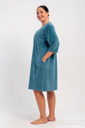 KADIN PAMUK KADIFE XXL 3/4 KOL CEPLI FERMUARLI EV ELBİSESİ