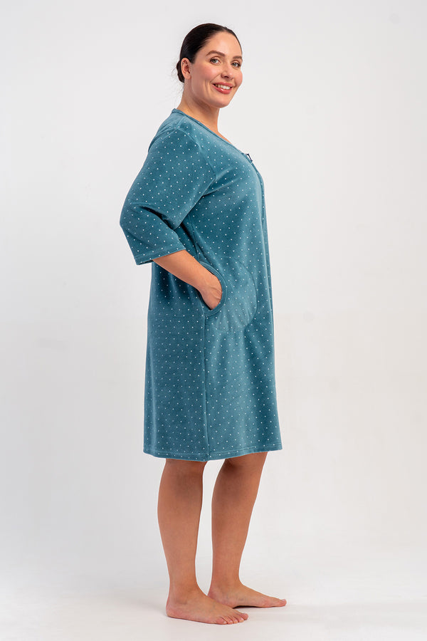 KADIN PAMUK KADIFE XXL 3/4 KOL CEPLI FERMUARLI EV ELBİSESİ