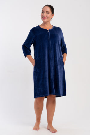 KADIN PAMUK KADIFE XXL 3/4 KOL CEPLI FERMUARLI EV ELBİSESİ