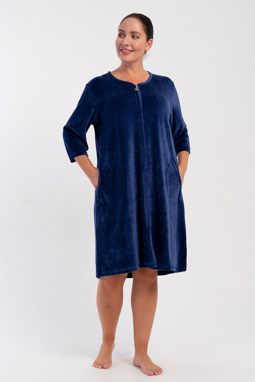 KADIN PAMUK KADIFE XXL 3/4 KOL CEPLI FERMUARLI EV ELBİSESİ