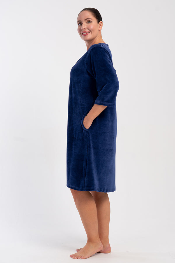 KADIN PAMUK KADIFE XXL 3/4 KOL CEPLI FERMUARLI EV ELBİSESİ