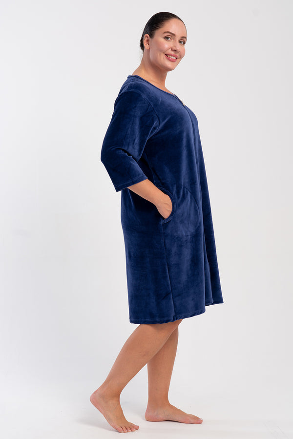 KADIN PAMUK KADIFE XXL 3/4 KOL CEPLI FERMUARLI EV ELBİSESİ