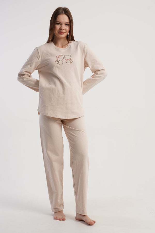 KADIN 2IPLIK O YAKA UZUN KOL ETEGI OVAL PIJAMA TAKIM