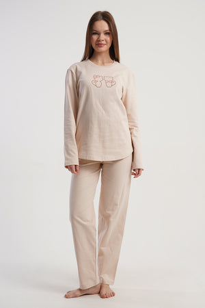 KADIN 2IPLIK O YAKA UZUN KOL ETEGI OVAL PIJAMA TAKIM