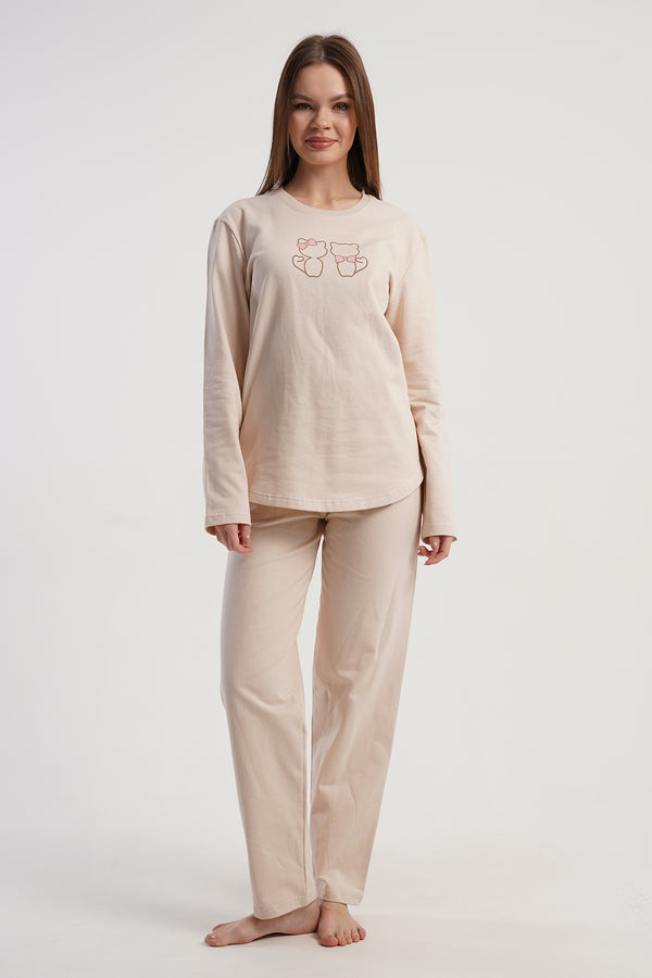 KADIN 2IPLIK O YAKA UZUN KOL ETEGI OVAL PIJAMA TAKIM