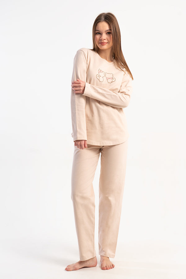 KADIN 2IPLIK O YAKA UZUN KOL ETEGI OVAL PIJAMA TAKIM